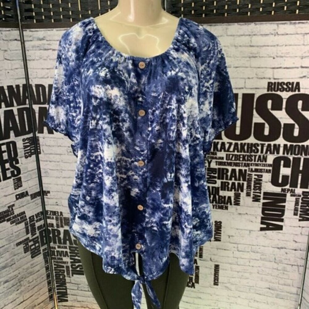 Almost Famous Plus Blue Tie- Dye Tie Waist Top